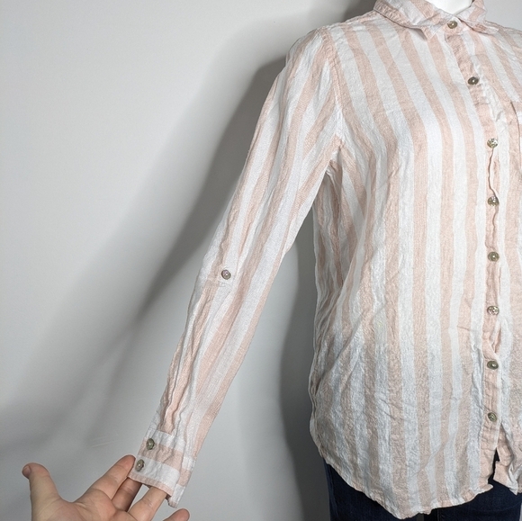 C&C California pink white striped 100% linen long sleeve button up shirt S - Picture 3 of 7